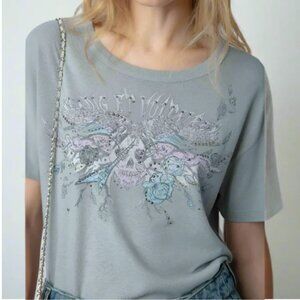 Zadig & Voltaire Marta Tee Blue Beaded Skull Wings Graphic Shirt Womens